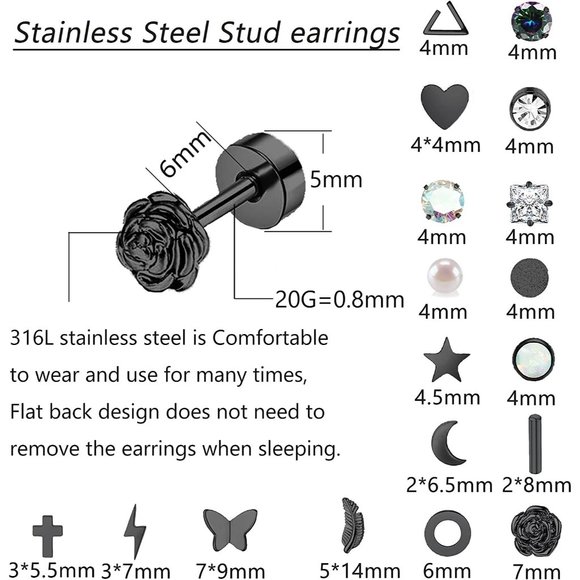 18 Pairs Stainless Steel Stud Earrings Set for Women Men Star Moon flowe… - Picture 8 of 15